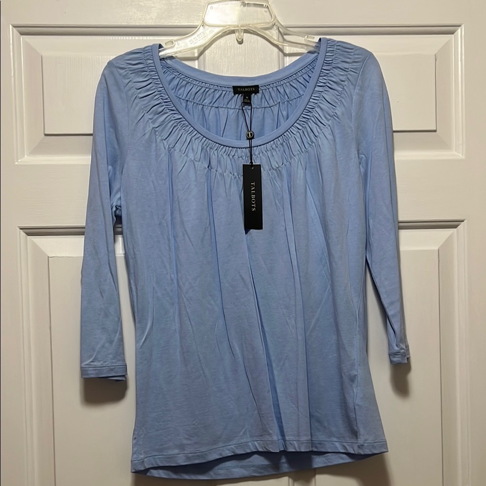 Talbots Blue Ruched Blouse with 3/4 Sleeves